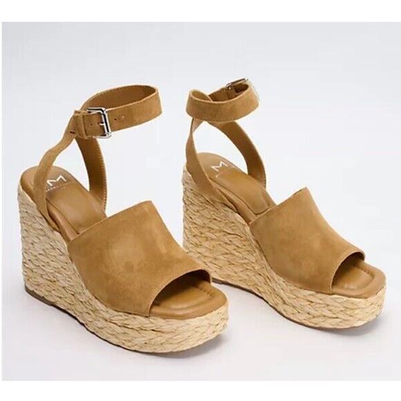 New Marc Fisher LTD Nelly Suede Espadrille Wedge Sandals Ankle Strap Tan Size 9M - Picture 1 of 8